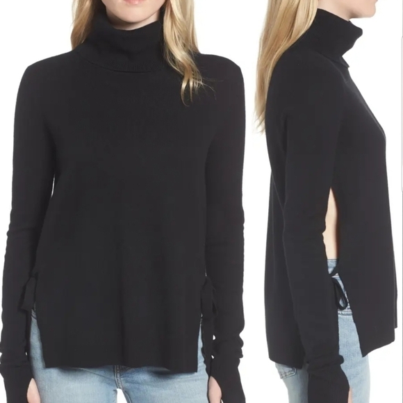 {M} Pam & Gela Black Distressed Turtleneck Sweater Tie Sides - Picture 1 of 14
